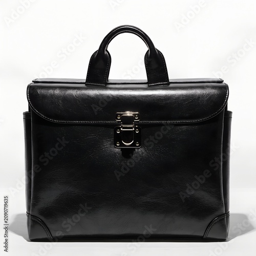 Classic black leather briefcase with metal clasp and handle on white background