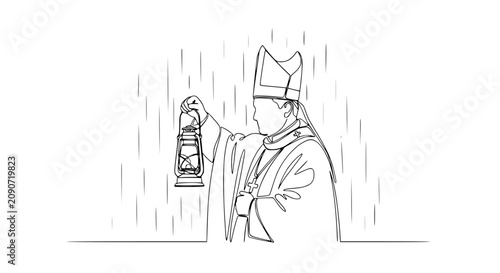 Obraz na plátne Bishop Holding Lantern in Rain, Continuous Line Art