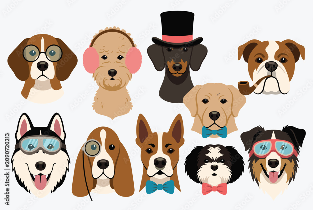 Obraz premium Grid of various dog breeds wearing fun accessories like glasses, hats, earmuffs, pipes, and goggles for a humorous animal portrait.