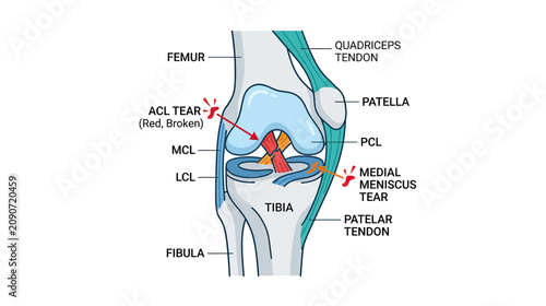 Foto Knee Joint Anatomy with ACL and Meniscus Tears - Medical Illustration