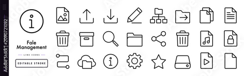 File Management Lines. Line icon set of file system: folder, document, download arrow, upload arrow, directory tree, text file, image file, video file, audio file, edit pencil, copy sheets, move