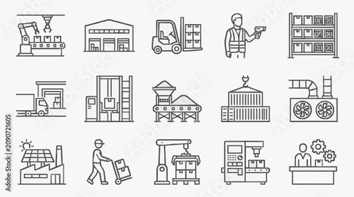 Elegant Black and White Line Icons Set Featuring Industrial Machinery Warehouse Operations and Manufacturing Processes