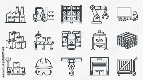 Corporate Industrial Logistics and Warehouse Equipment Icons Set in Monochromatic Line Art Style