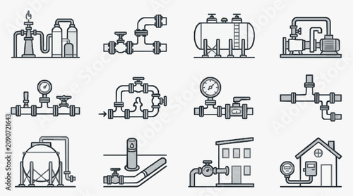 Minimalist Black and White Line Icons Set Featuring Various Industrial Gas and Plumbing Equipment