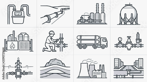 Elegant Monochromatic Illustrations of Gas and Energy Industry Equipment Infrastructure and Scenes
