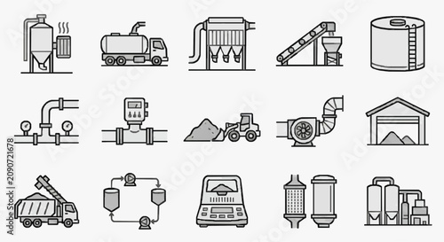 Creative Black and White Line Icons Set Featuring Industrial Equipment Processing Machinery and Factory Elements