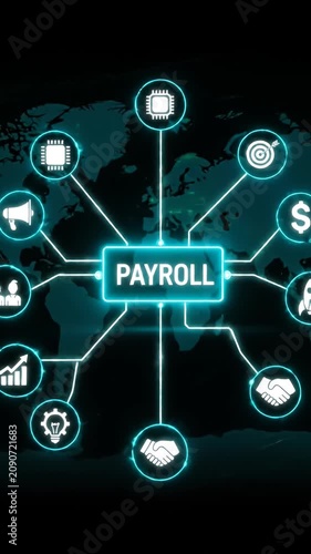 Glowing neon payroll sign over world map background.