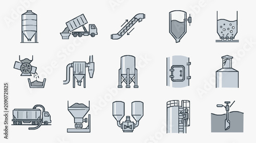 Elegant Collection of Minimalist Grayscale Industrial Equipment and Material Handling Process Illustrations