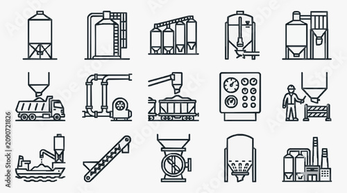 Minimalist Black and White Line Icons Set of Industrial Grain Processing and Brewing Equipment with high quality professional line art symbols for modern creative design and digital branding projects