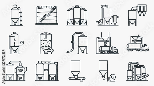 Elegant Black and White Line Drawing Set of Industrial Grain and Brewing Equipment Icons with high quality professional line art symbols for modern creative design and digital branding projects