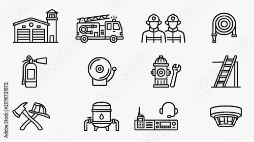 Sleek Black and White Fire Safety and Emergency Services Icon Set Collection with high quality professional line art symbols for modern creative design and digital branding projects