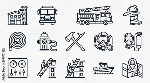 Clean Black and White Line Icons Set of Firefighting and Rescue Equipment and Scenes with high quality professional line art symbols for modern creative design and digital branding projects