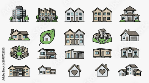 Sleek Collection of Minimalist Line Drawn Residential Buildings and Home Icons in Monochrome and Earthy Tones