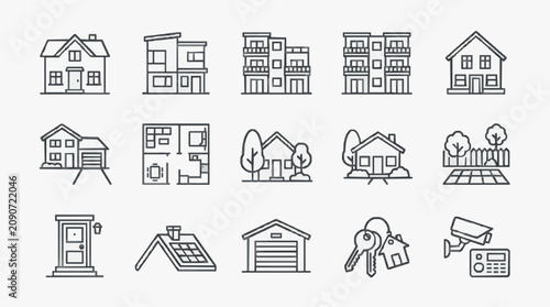Clean Minimalist Black and White Line Icons Set Featuring Various House Types Real Estate and Home Security Elements