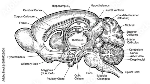 Foto Sagittal View of Mammalian Brain Anatomy Diagram with Labels