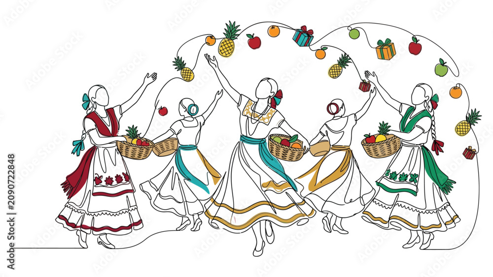 Naklejka premium Continuous line art illustration of traditional Mexican dancers holding fruit baskets