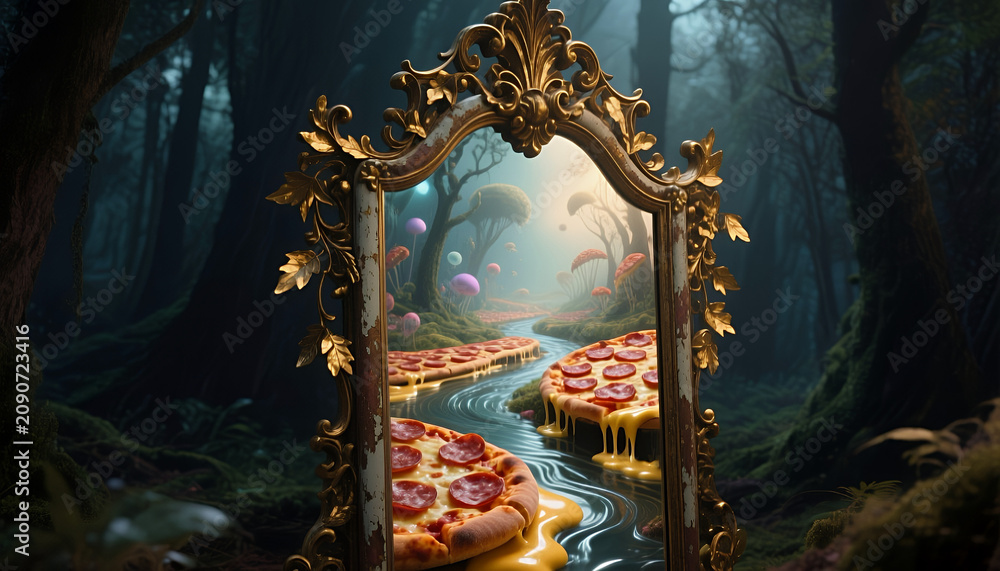 Fototapeta premium Surreal pizza landscape reflected in ornate mirror in enchanted forest 