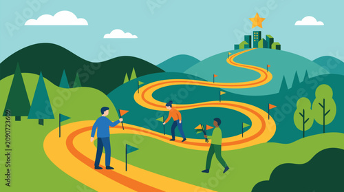 Business team placing colorful flags along a golden winding path through green hills to a distant star city, vector illustration of roadmap, strategic milestones, shared purpose and goal success