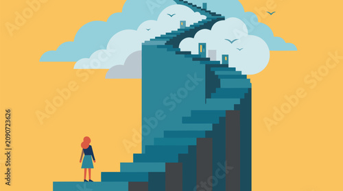 Small woman facing an immense staircase rising into clouds and sky, surreal vector concept of ambition, courage, opportunity, personal growth, journey, challenge, aspiration and uncertain future