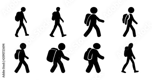 People walking with backpacks icon set - Set of eight simple black silhouettes showing people walking in different styles with backpacks, ideal for travel or education themes.