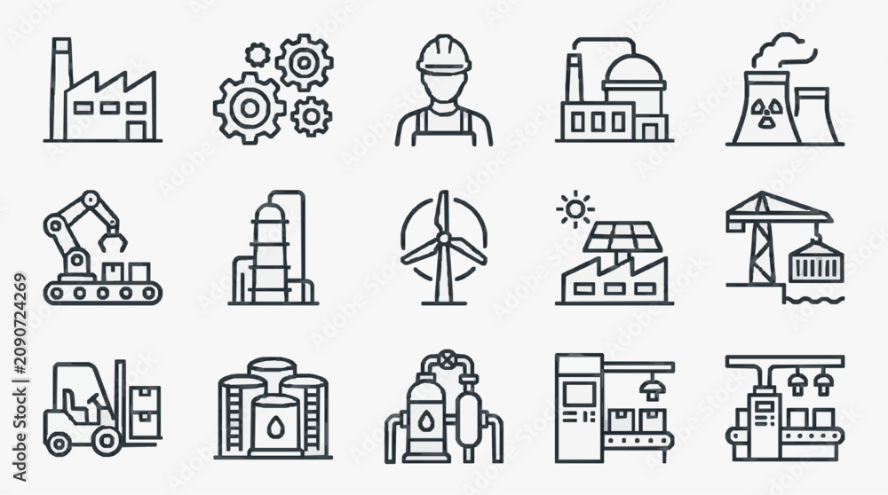 Fototapeta premium Corporate Line Icons Set Black and White Industrial Manufacturing Energy and Construction Illustrations