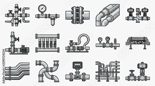 Obraz na plátně Minimalist Black and White Illustrations of Various Plumbing Fixtures and Valves