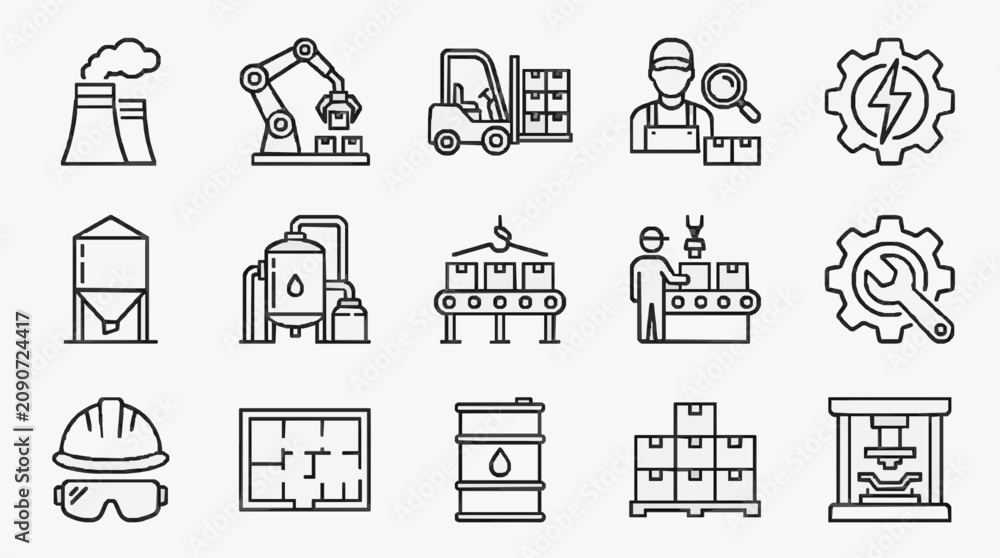 Fototapeta premium Minimalist Black and White Line Icons Set Featuring Industrial Manufacturing and Safety Equipment