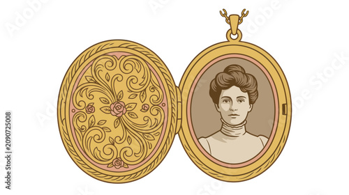 Obraz na płótnie Open antique gold locket with woman portrait and floral engraving