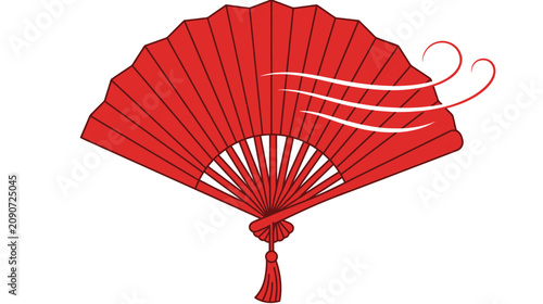Red oriental folding fan with tassel and wind movement lines