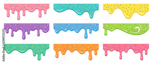 Obraz na płótnie Colorful dripping frosting borders with vibrant sprinkles set