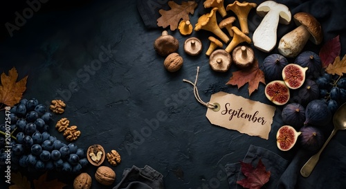 Autumn harvest with figs, grapes, wild mushrooms and September tag