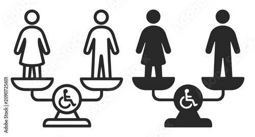 Equality and accessibility balance symbol with male and female figures on scales featuring disability icon on transparent background