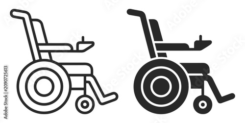 Black and white line icons of electric wheelchair side view, mobility aid and disabled access illustration on transparent background