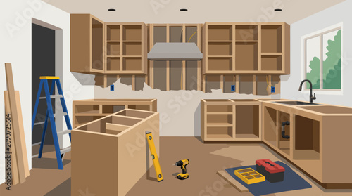 Kitchen renovation in progress with exposed cabinet frames, unfinished walls, ladder, drill and toolbox, home remodeling construction scene for interior upgrade project vector illustration