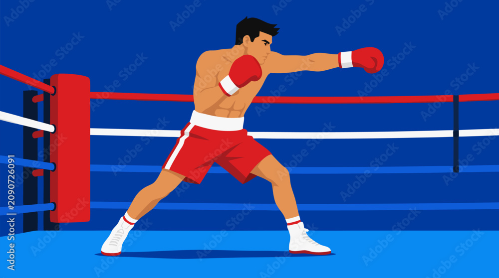 Obraz premium Powerful male boxer in red gloves and shorts throwing a sharp jab across a bright blue boxing ring, dynamic vector sports illustration of speed, strength, focus and competitive training
