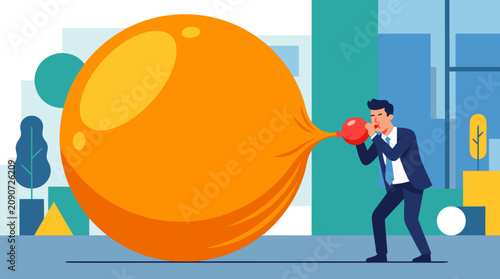 Businessman inflating a giant orange balloon larger than himself in modern office, risk expansion, overinflated ambition, startup pressure and financial bubble flat vector concept illustration