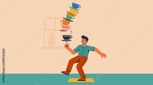 Man balancing a precarious tower of colorful teacups on one finger, calm focus under pressure, fragile stability, multitasking skill and poise in whimsical cafe flat vector illustration