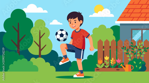 Smiling boy juggling a soccer ball on his knee in a sunny backyard garden, practicing football skills near a fence, flowers and family home, playful childhood sports vector illustration