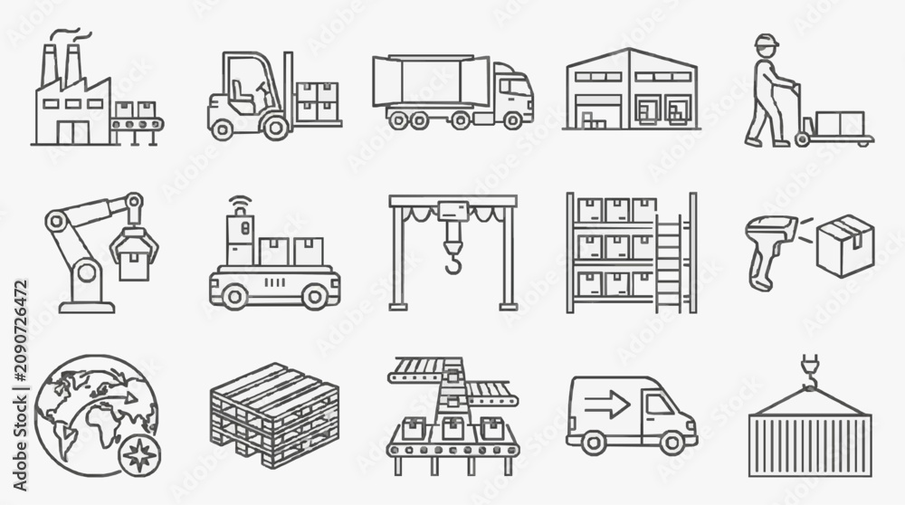 Fototapeta premium Professional Black and White Line Icons Set Featuring Industrial Logistics Warehouse Operations and Global Supply Chain
