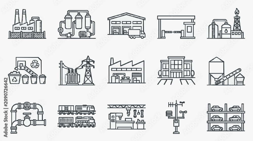 Obraz premium Minimalist Black and White Line Icons Set of Industrial and Manufacturing Facilities Equipment and Vehicles