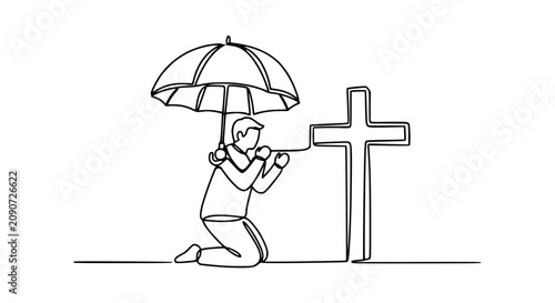 Quadro su tela Man praying under umbrella near cross, single line drawing, faith, protection, h