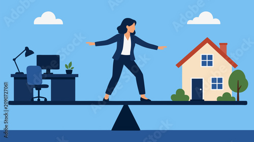 Businesswoman balancing on seesaw between office desk and home, vivid flat vector concept of work life balance, career pressure, remote work choices, time management and modern lifestyle priorities