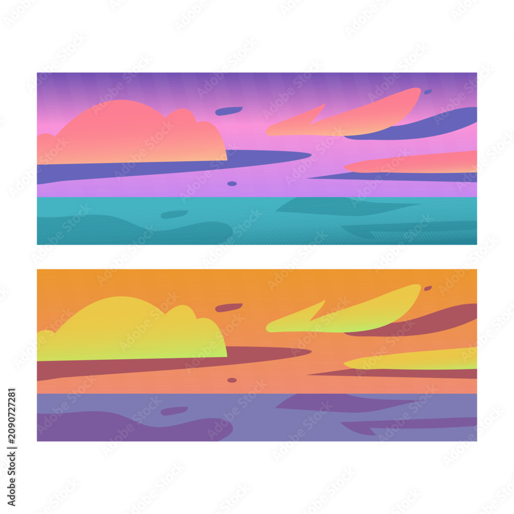 Obraz premium Minimal abstract sunset and sunrise landscape collection. Modern flat vector backgrounds with sea, sky and horizon for nature, travel, summer, wellness and wallpaper concepts.