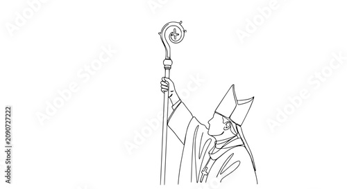 Tablou pe pânză Bishop Holding Crozier Staff, Religious Ceremony, Clergy Attire, Line Art Illust
