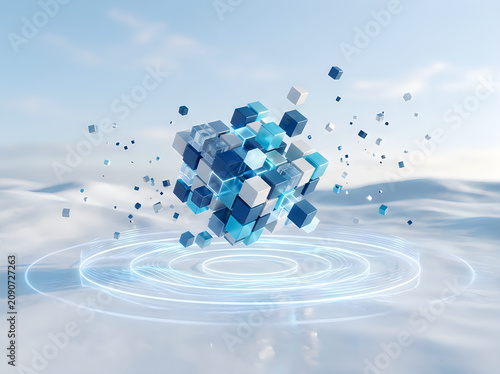 Blue and white cubes flying out of glowing circles on cloudy landscape background