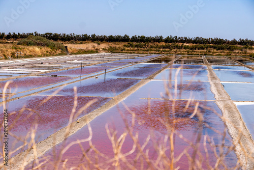 Traditional pink salt evaporation ponds on the Ile de Re in France. The geometric basins reflect a clear blue sky on a bright sunny summer day.