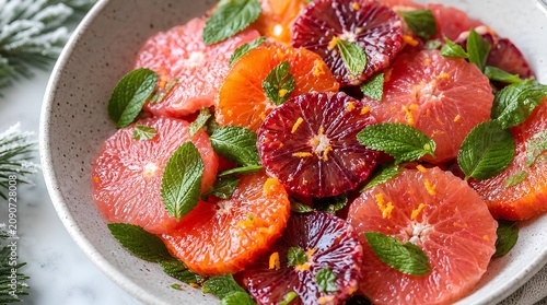 Refreshing vibrant winter citrus salad with jewel-toned blood orange, ruby grapefruit, and bright orange segments artfully arranged with fresh mint leaves on a modern ceramic plate