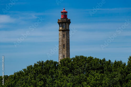 The famous Phare des Baleines lighthouse towering above lush green trees under a clear blue sky during a sunny summer day on the Ile de Re, France.