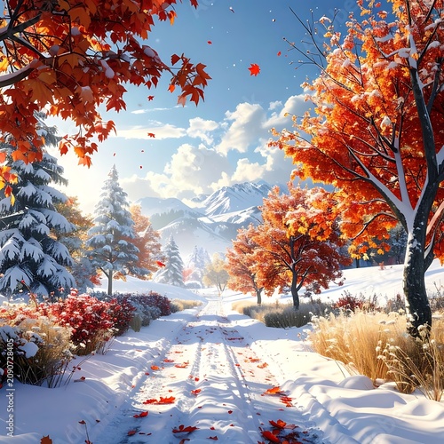 A serene snowy path through vibrant autumn trees and majestic mountains