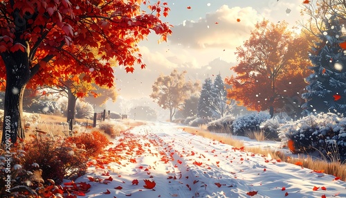 A serene snowy road lined with vibrant autumn trees (1)